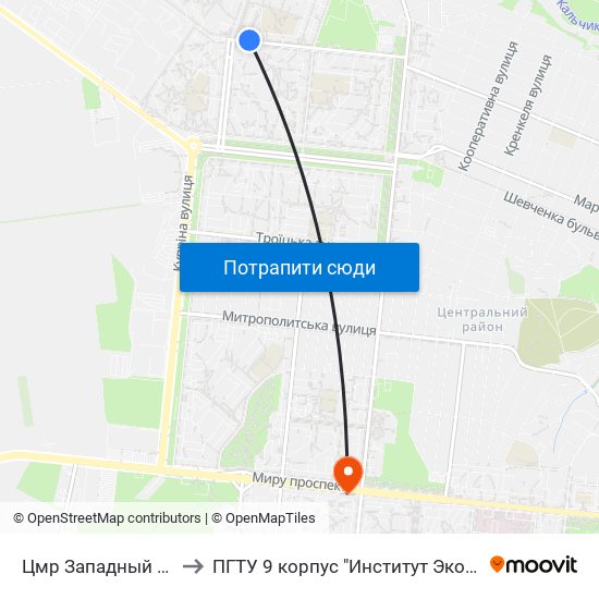 Цмр Западный (Цмр Західний) to ПГТУ 9 корпус "Институт Экономики и Менеджмента" map