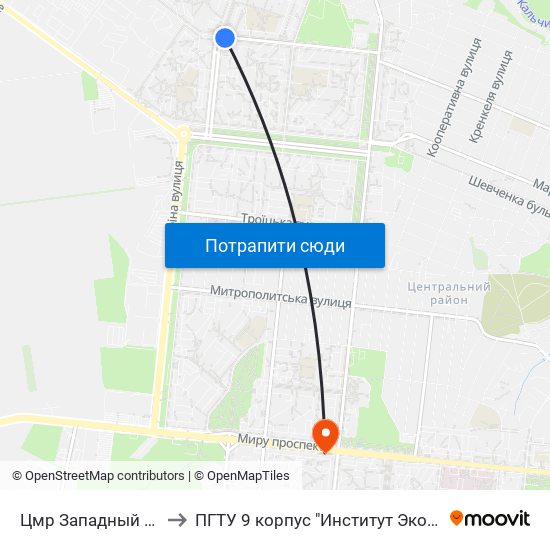 Цмр Западный (Цмр Західний) to ПГТУ 9 корпус "Институт Экономики и Менеджмента" map