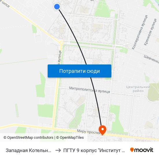 Западная Котельная (Західна Котельня) to ПГТУ 9 корпус "Институт Экономики и Менеджмента" map