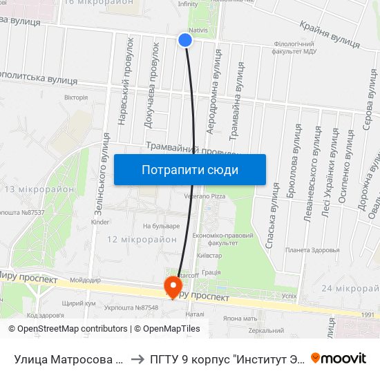 Улица Матросова (Вулиця Матросова) to ПГТУ 9 корпус "Институт Экономики и Менеджмента" map