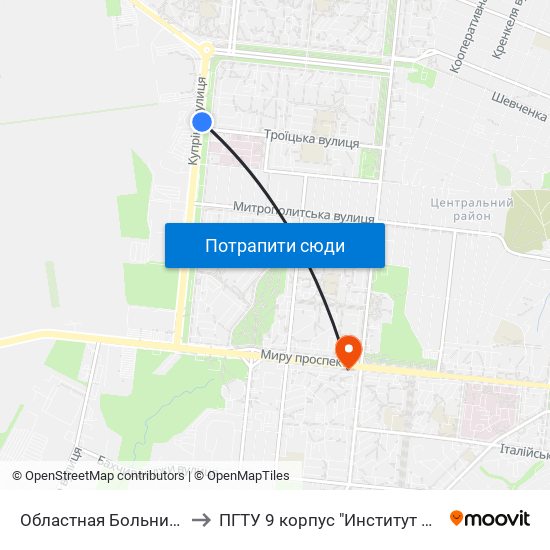 Областная Больница (Обласна Лікарня) to ПГТУ 9 корпус "Институт Экономики и Менеджмента" map