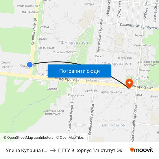 Улица Куприна (Вулиця Купріна) to ПГТУ 9 корпус "Институт Экономики и Менеджмента" map