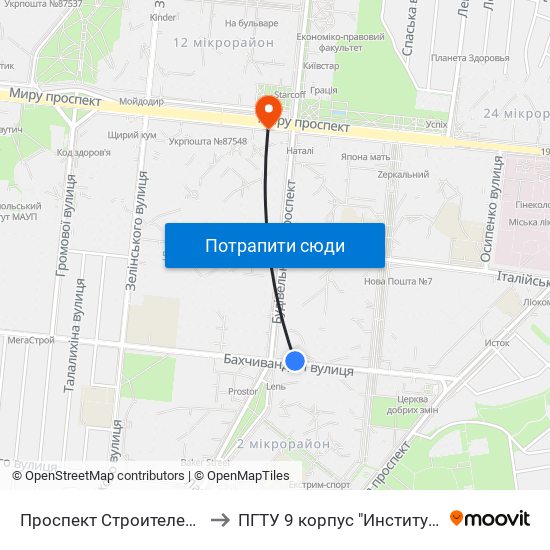 Проспект Строителей (Проспект Будівельників) to ПГТУ 9 корпус "Институт Экономики и Менеджмента" map