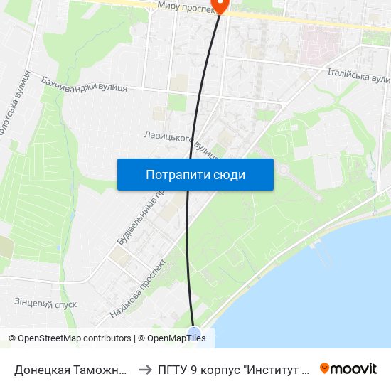 Донецкая Таможня (Донецька Митниця) to ПГТУ 9 корпус "Институт Экономики и Менеджмента" map