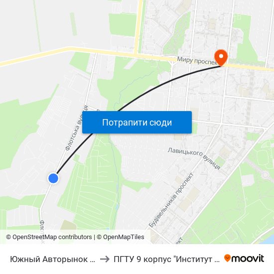 Южный Авторынок (Південний Авторинок) to ПГТУ 9 корпус "Институт Экономики и Менеджмента" map