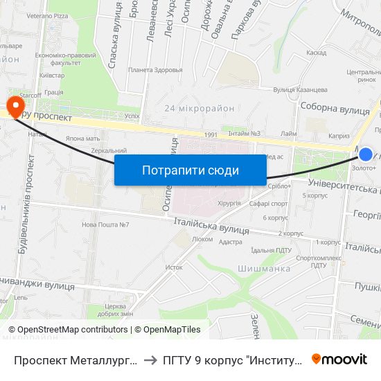 Проспект Металлургов (Проспект Металургів) to ПГТУ 9 корпус "Институт Экономики и Менеджмента" map