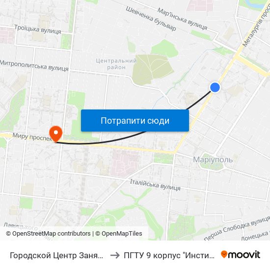 Городской Центр Занятости (Міський Центр Зайнятості) to ПГТУ 9 корпус "Институт Экономики и Менеджмента" map