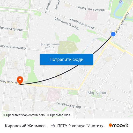 Кировский Жилмассив (Кіровський Житмасив) to ПГТУ 9 корпус "Институт Экономики и Менеджмента" map