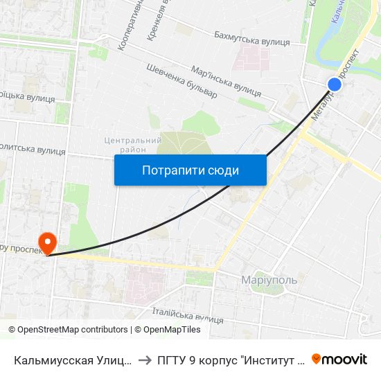 Кальмиусская Улица (Кальміуська Вулиця) to ПГТУ 9 корпус "Институт Экономики и Менеджмента" map