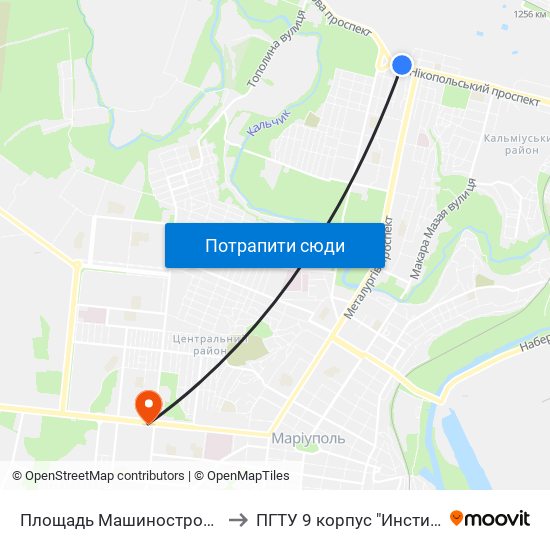 Площадь Машиностроителей (Площа Машинобудівників) to ПГТУ 9 корпус "Институт Экономики и Менеджмента" map