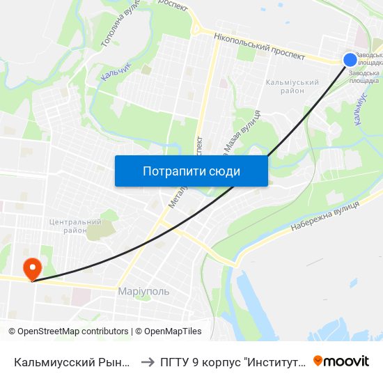 Кальмиусский Рынок (Кальміуський Ринок) to ПГТУ 9 корпус "Институт Экономики и Менеджмента" map