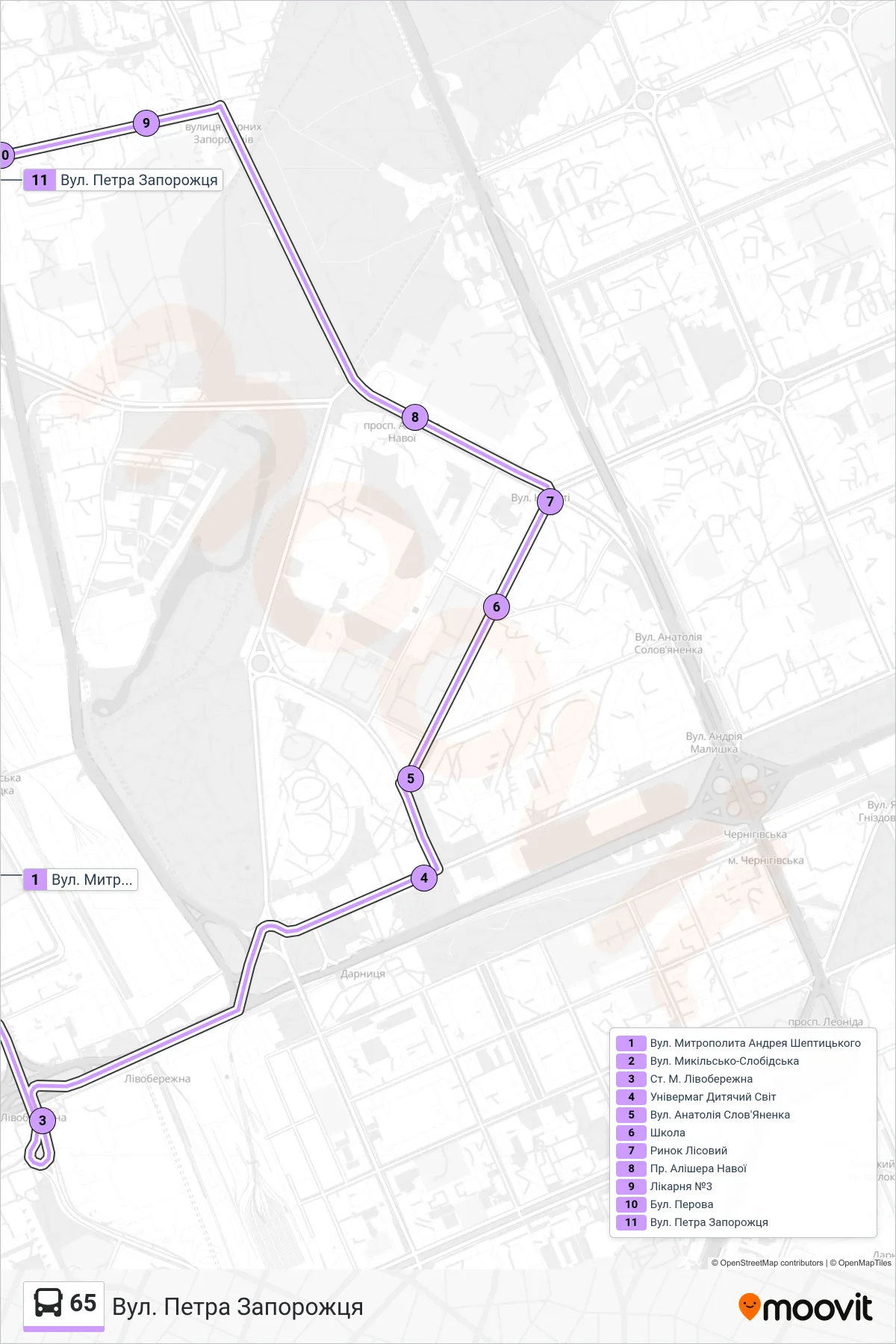 65 bus Line (Petra Zaporozhtsia St) route and stops on a map