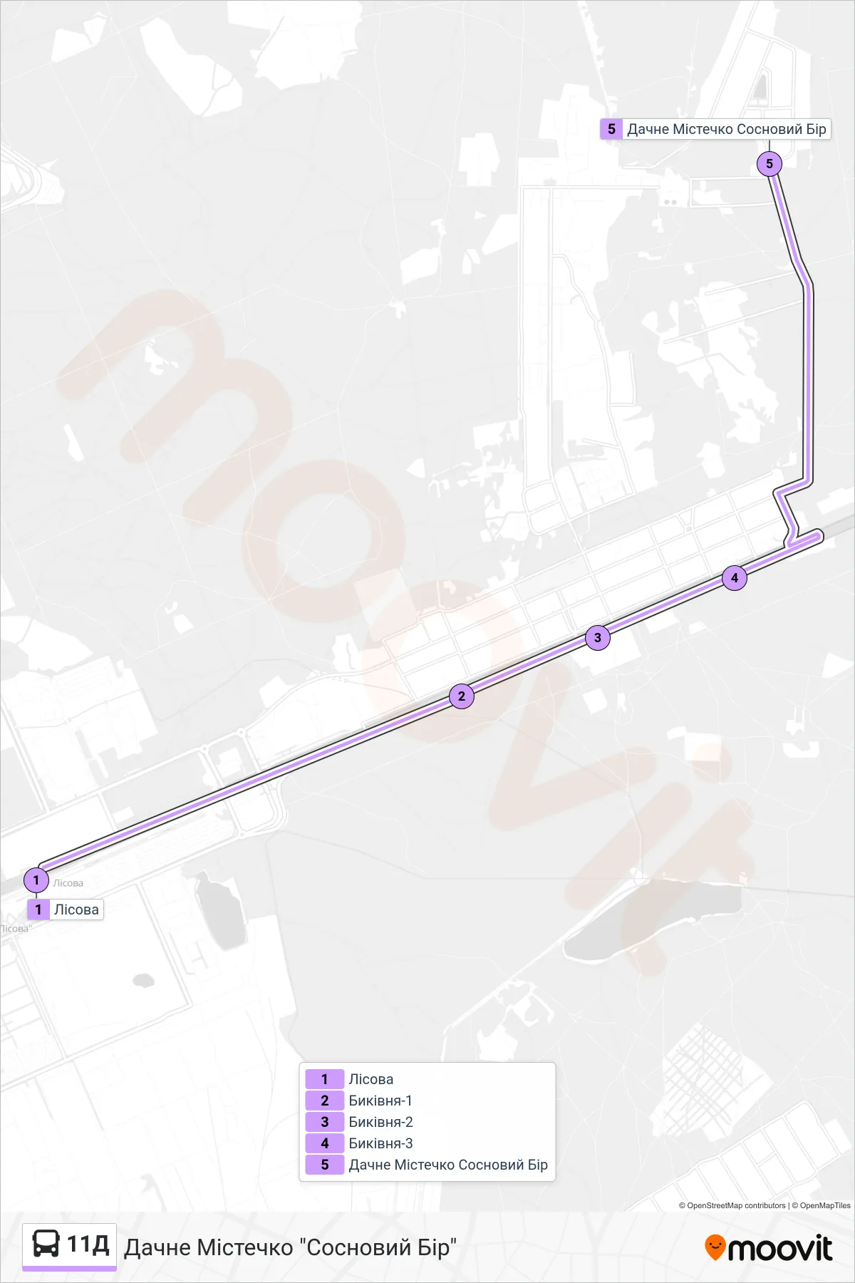 11D bus Line (Sosnovyi Bir Dacha Village) route and stops on a map