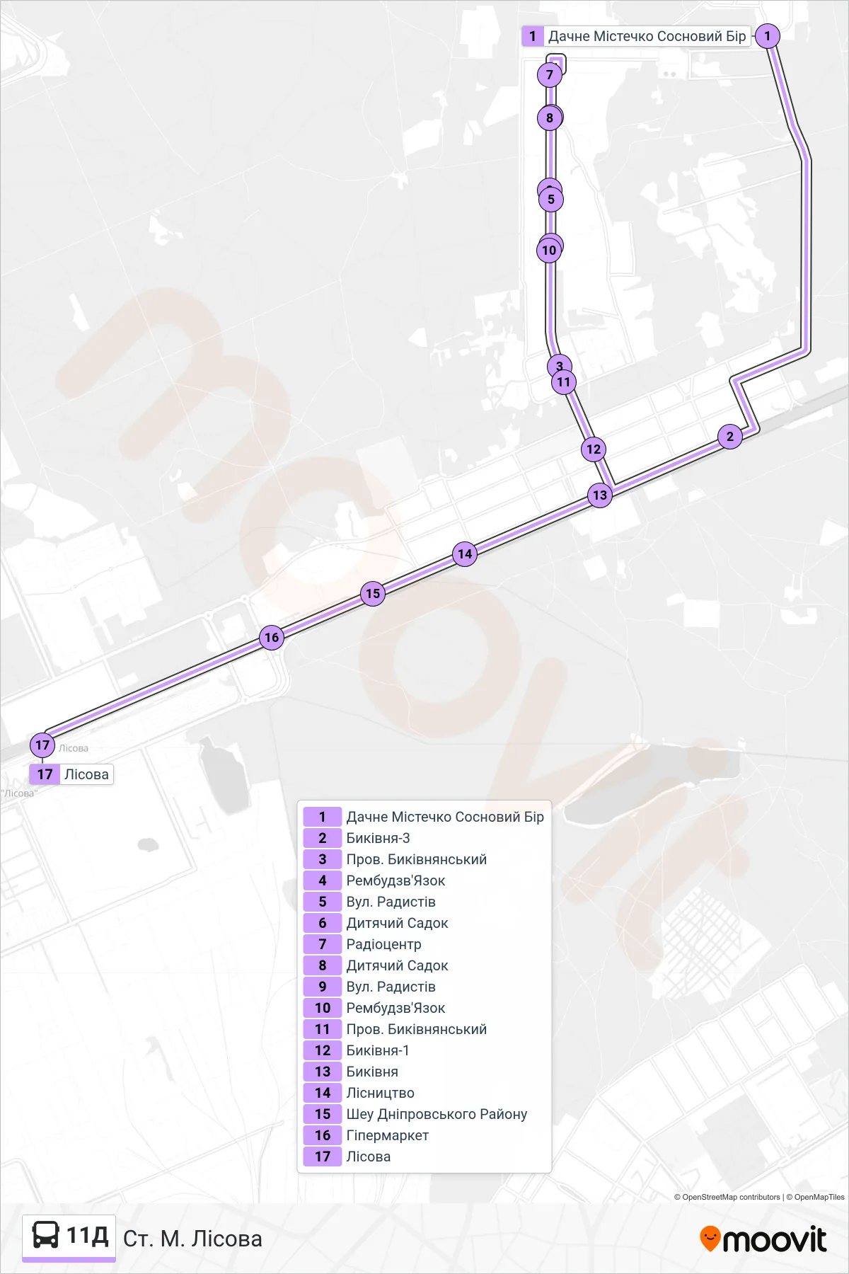 11D bus Line (Metro Lisova) route and stops on a map