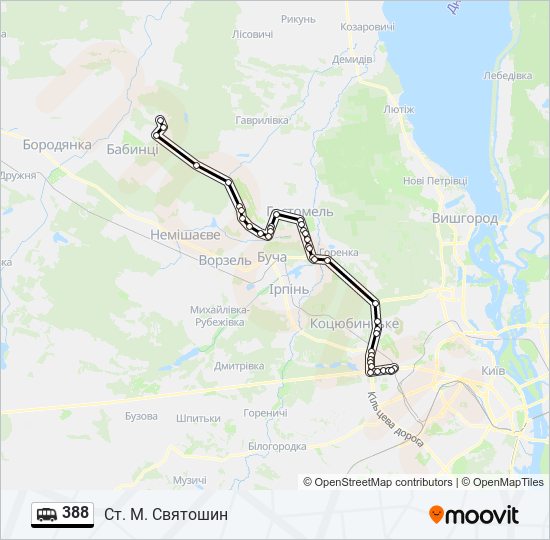 Маршрут 388: расписание, карты и остановки - Ст. М. Святошин