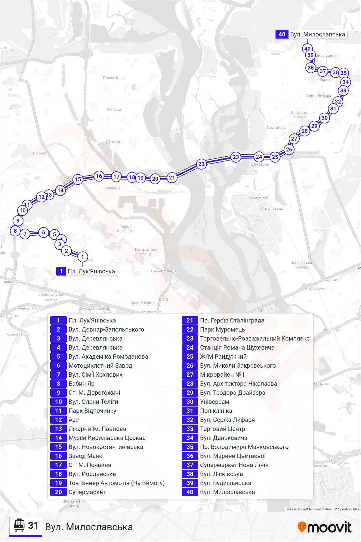 31 cable car Line (Myloslavska St.) route and stops on a map