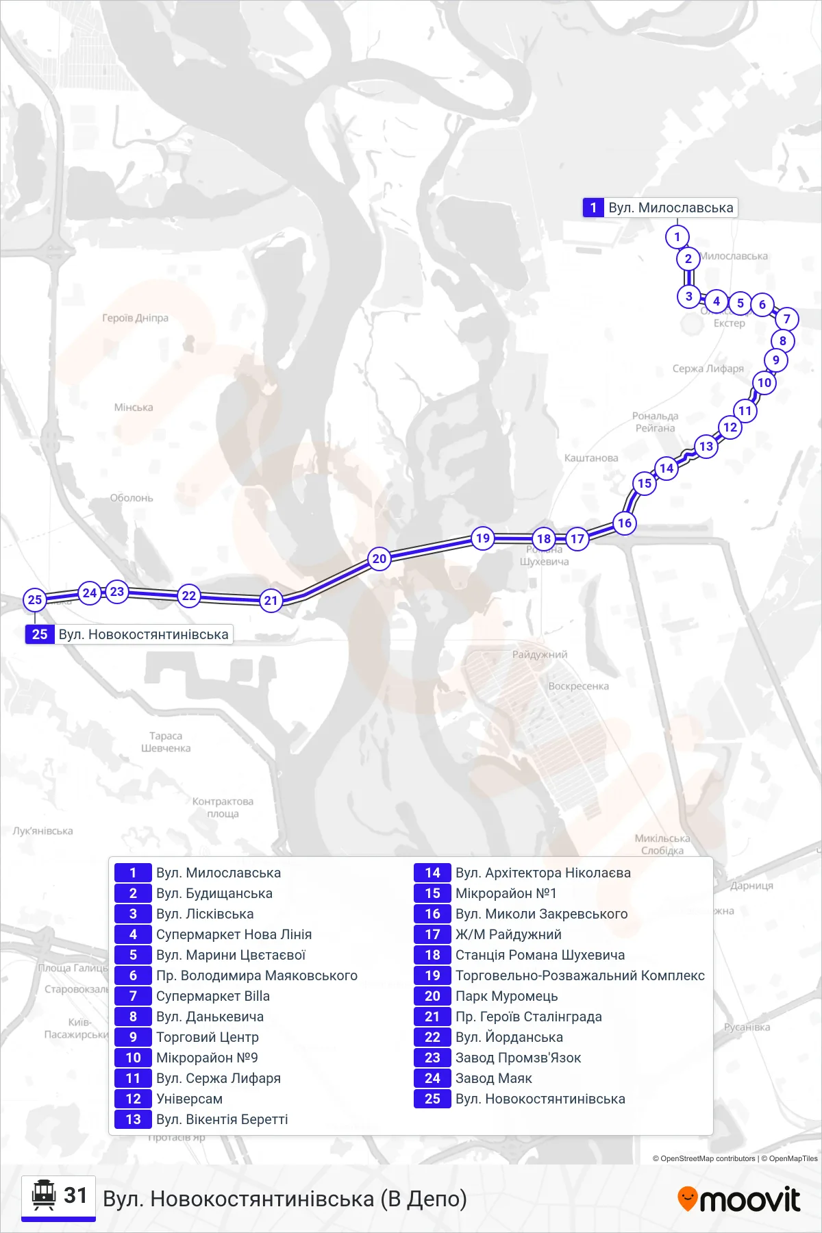 31 cable car Line (Novokostiantynivska St (To Depot)) route and stops on a map