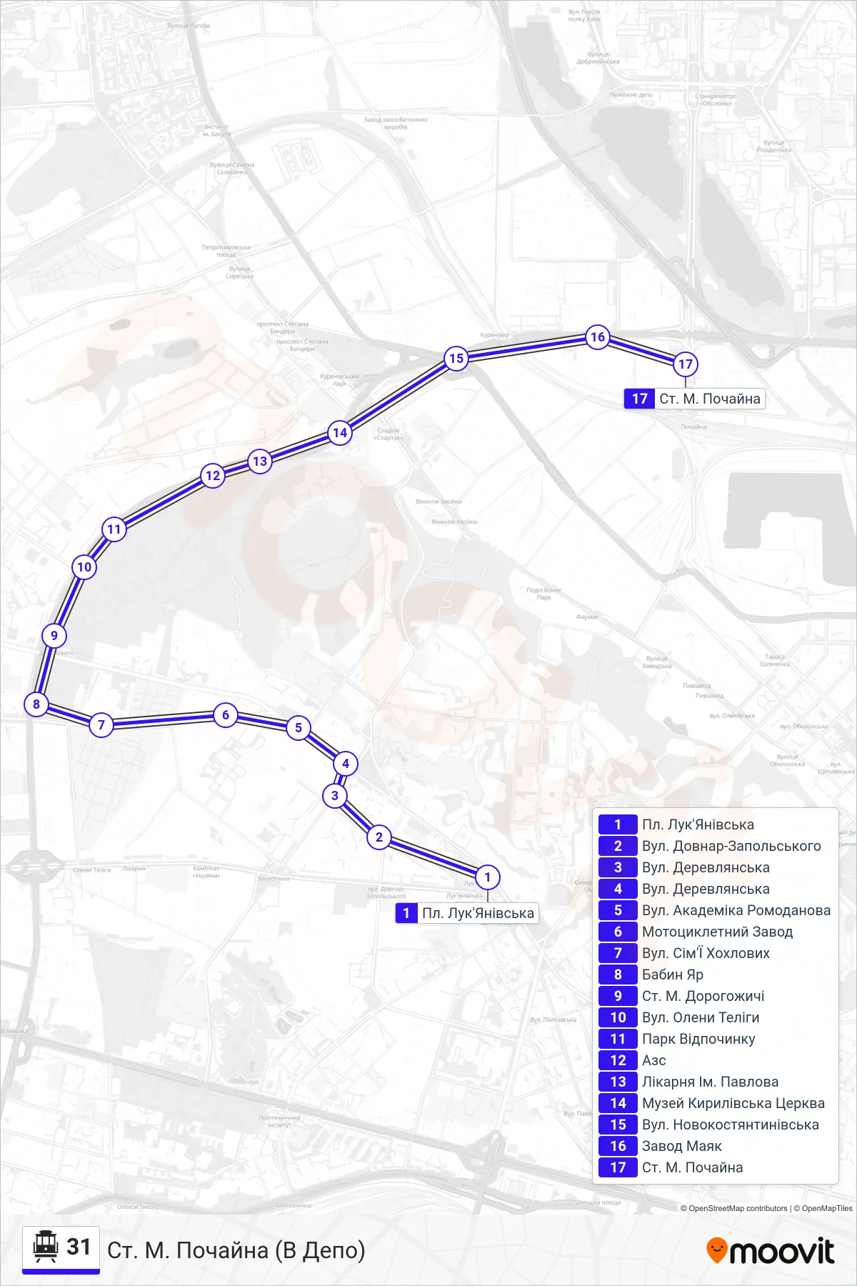 31 cable car Line (Pochaina Metro Station (To Depot)) route and stops on a map