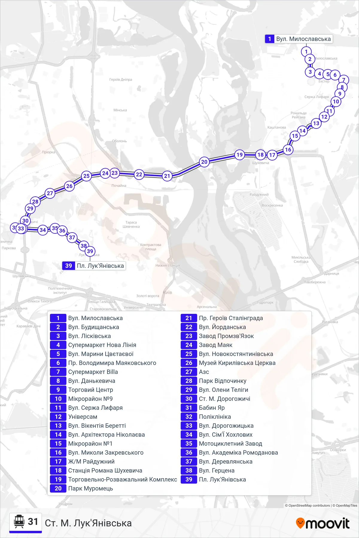 31 cable car Line (Lukianivska Metro Station) route and stops on a map