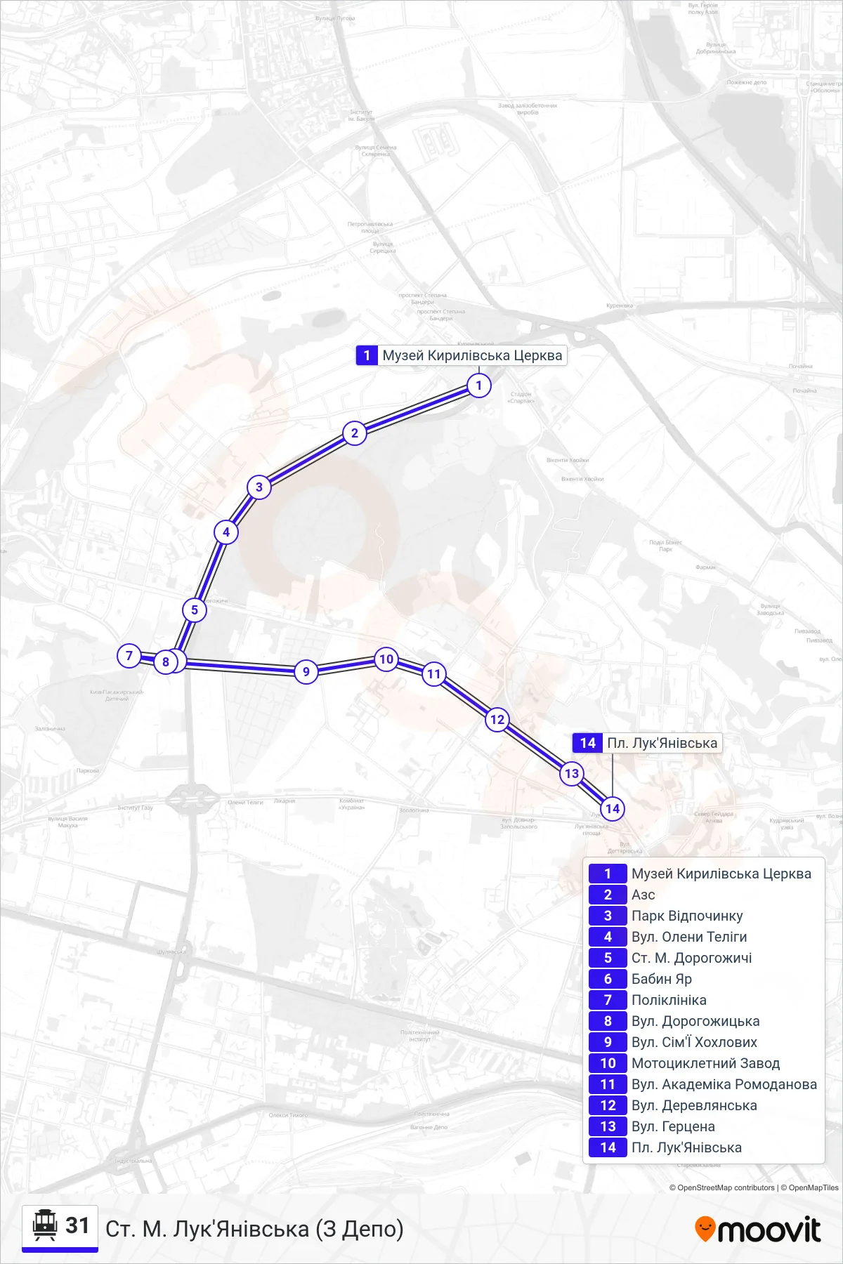 31 cable car Line (Metro Station Lukianivska (From Depot)) route and stops on a map