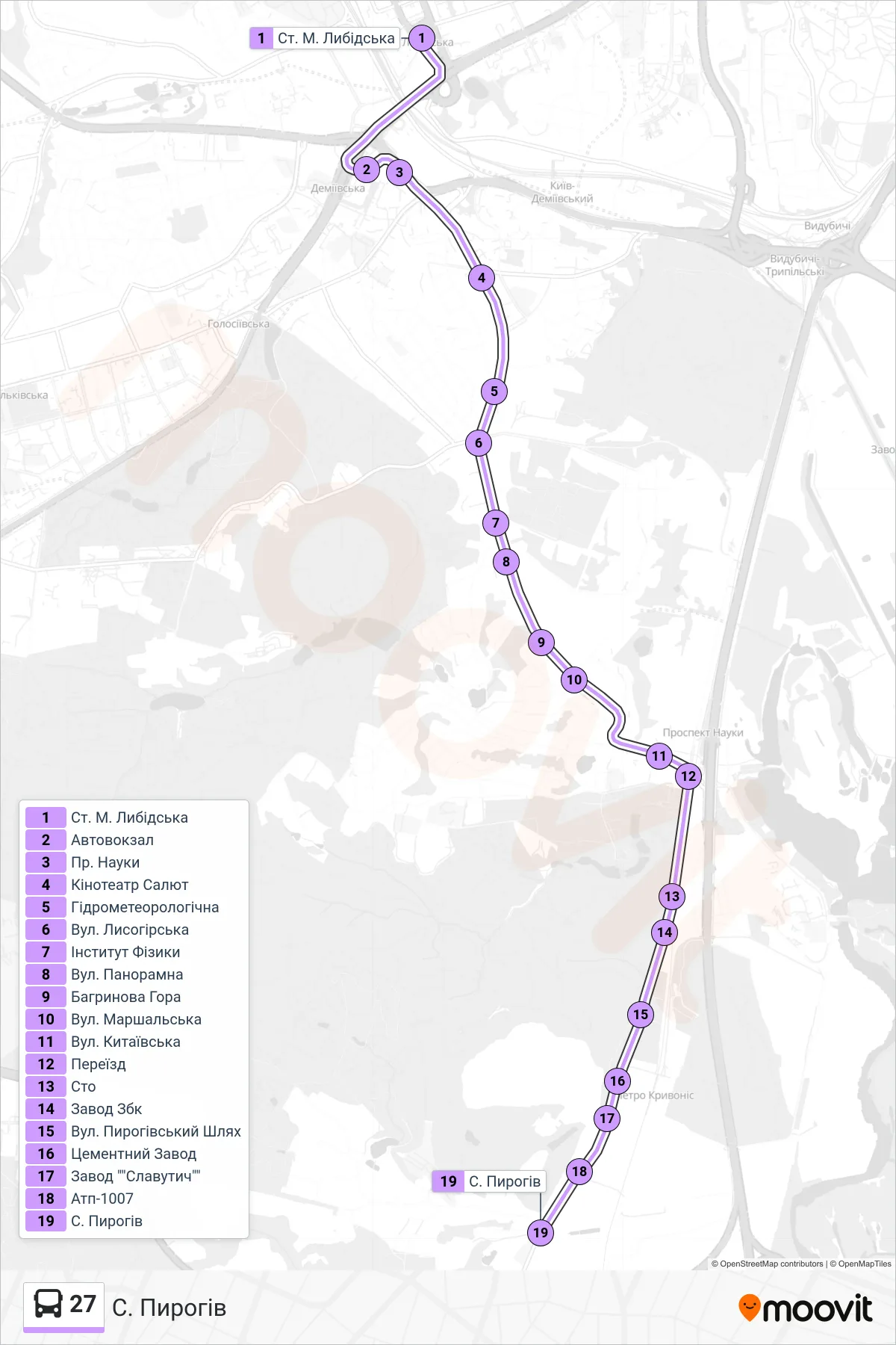 27 bus Line (Pyrohiv Village) route and stops on a map