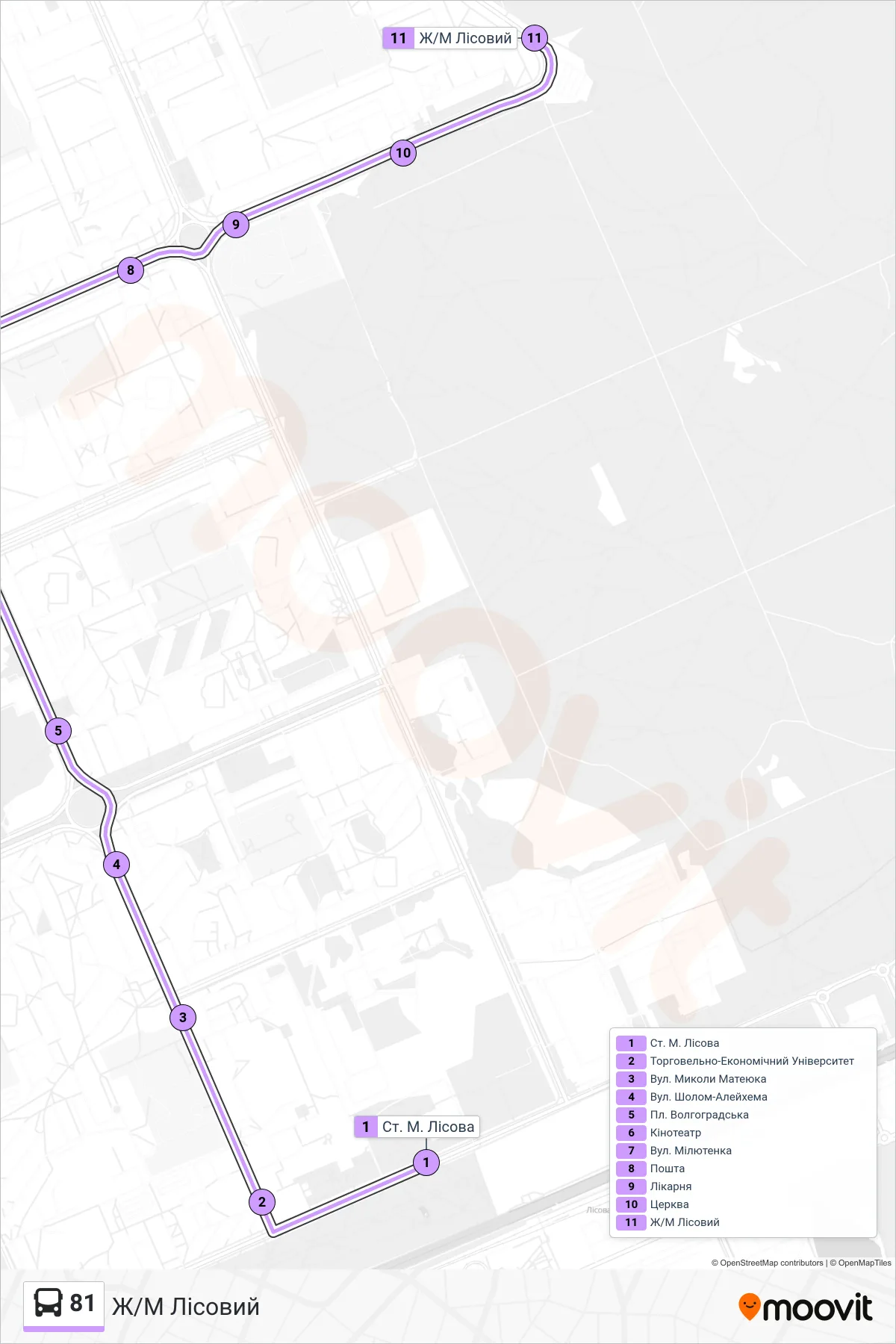 81 bus Line (Lisovyi District) route and stops on a map