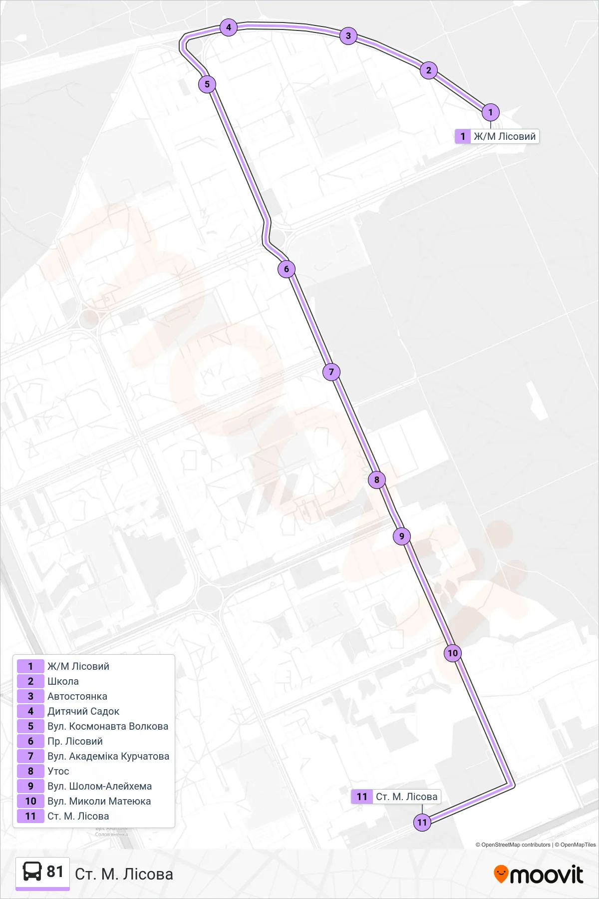 81 bus Line (Metro Lisova) route and stops on a map