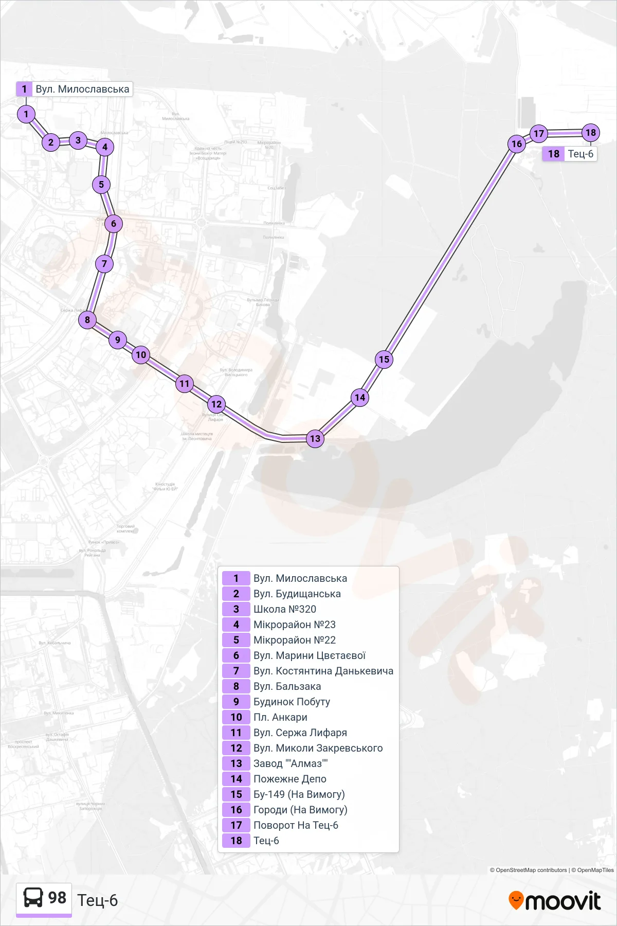 98 bus Line (TEC-6) route and stops on a map