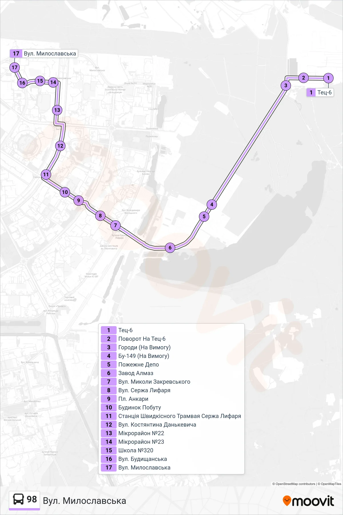 98 bus Line (Myloslavska St.) route and stops on a map