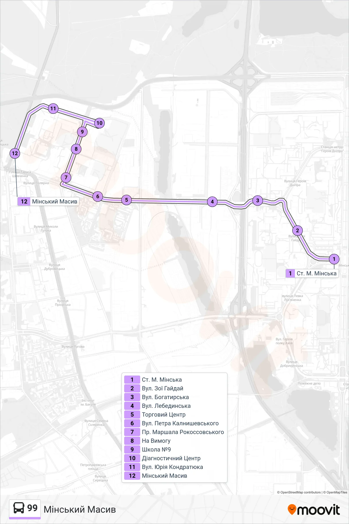 99 bus Line (Minskyi District) route and stops on a map