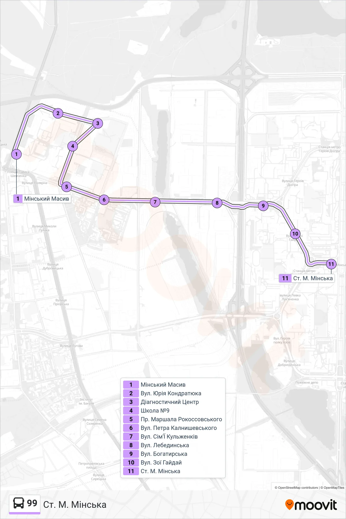 99 bus Line (Minska Metro Station) route and stops on a map