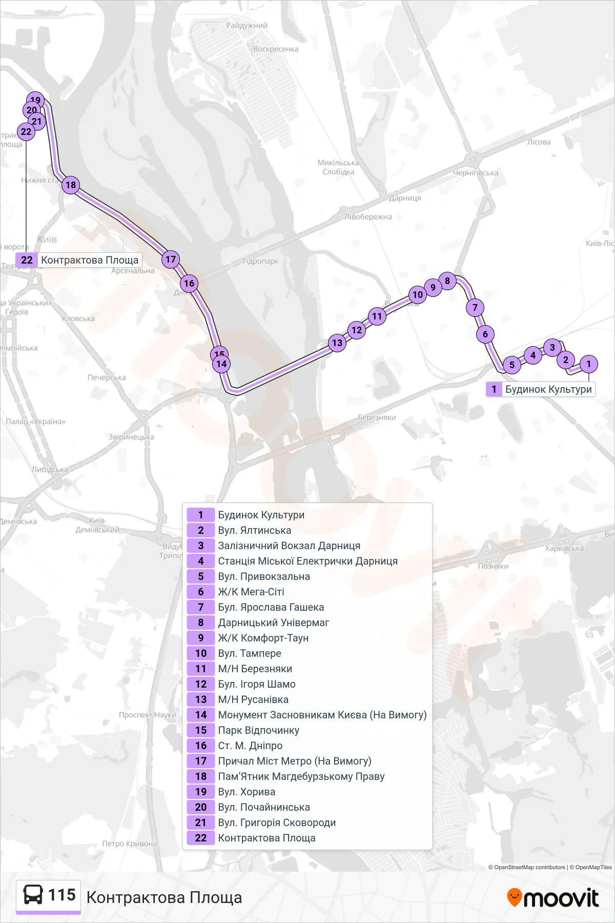 115 bus Line (Kontraktova Square) route and stops on a map