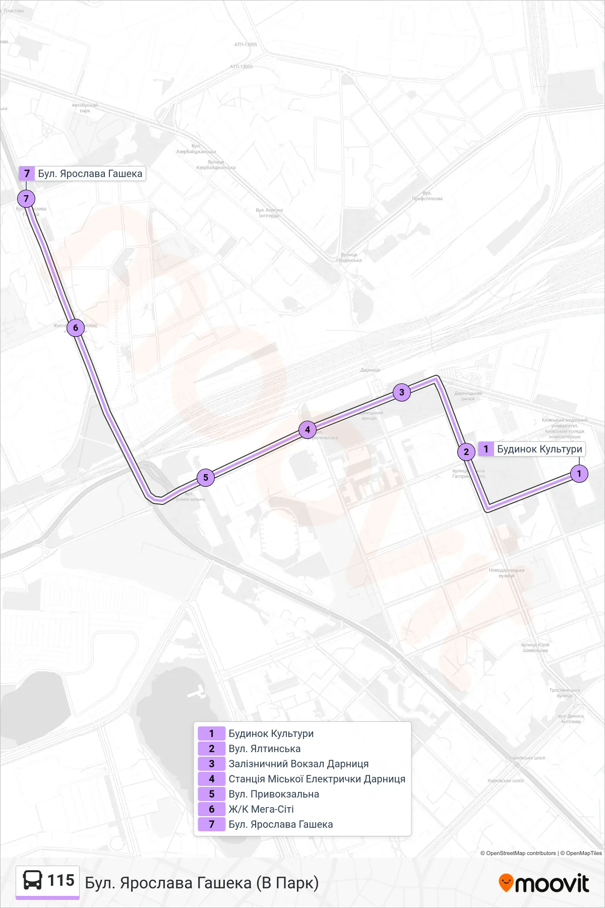 115 bus Line (Yaroslava Hasheka Blvd (To Park)) route and stops on a map