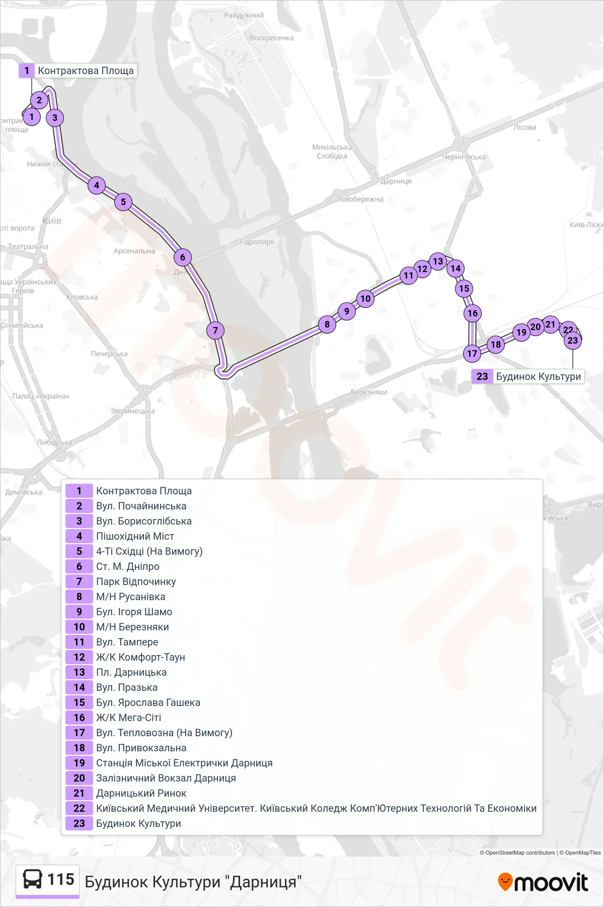 115 bus Line (Darnytsia House of Culture) route and stops on a map