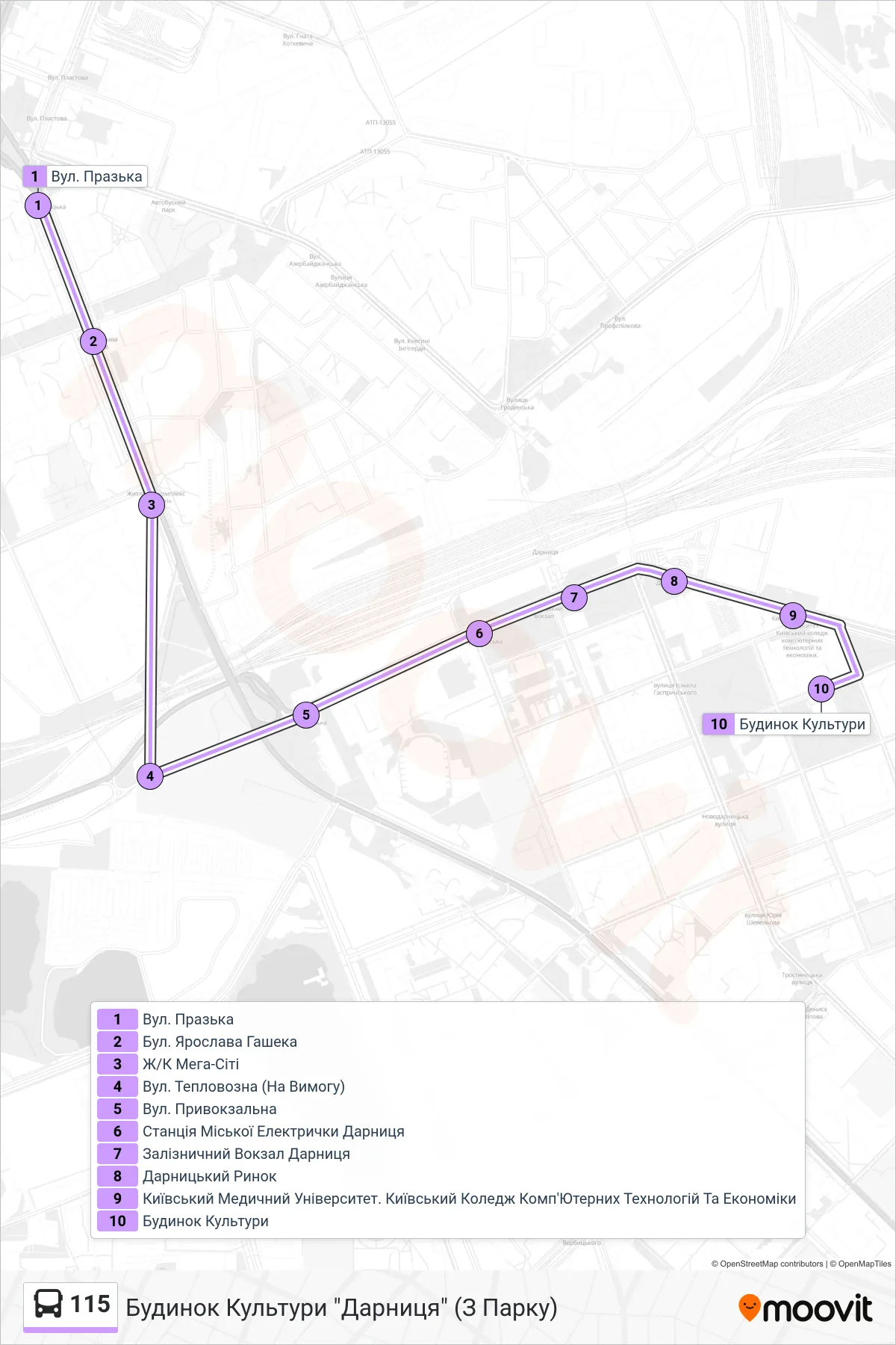 115 bus Line (Darnytsia House of Culture (From Park)) route and stops on a map