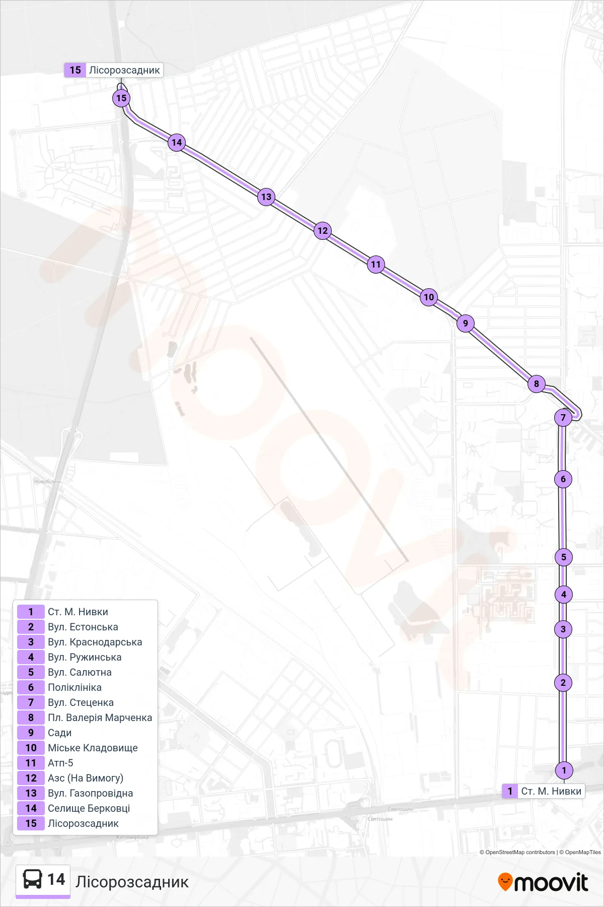 14 bus Line (Tree Nursery) route and stops on a map