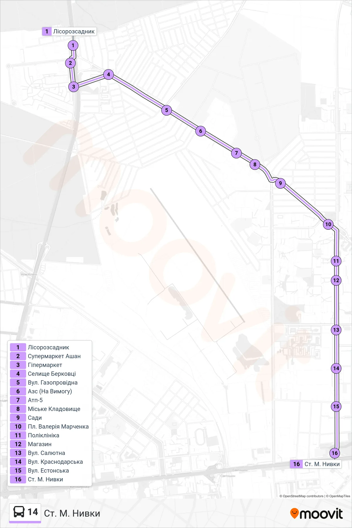 14 bus Line (Nyvky Metro Station) route and stops on a map