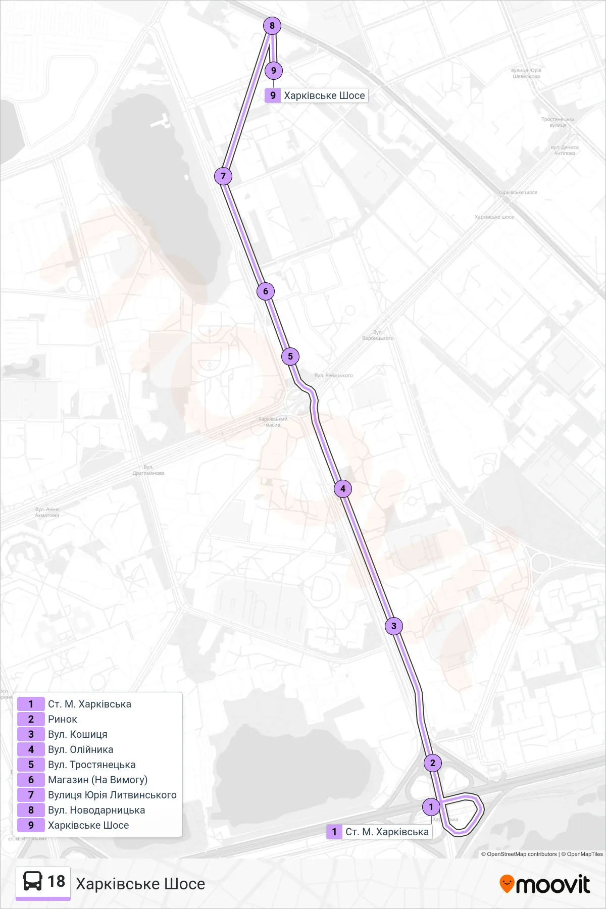 18 bus Line (Kharkivske Highway) route and stops on a map