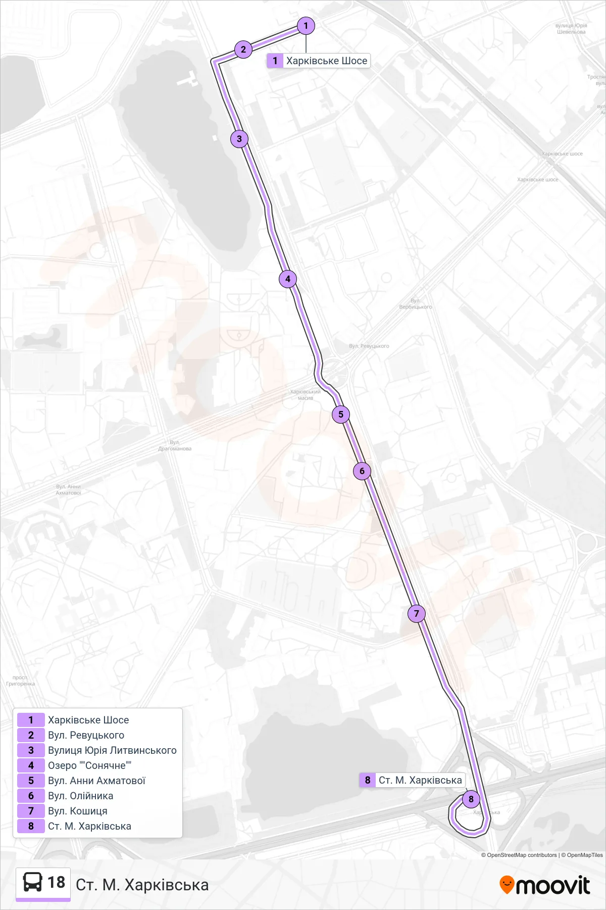 18 bus Line (Kharkivska Metro Station) route and stops on a map