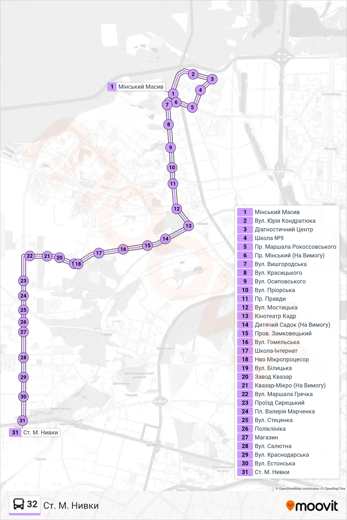 32 bus Line (Nyvky Metro Station) route and stops on a map
