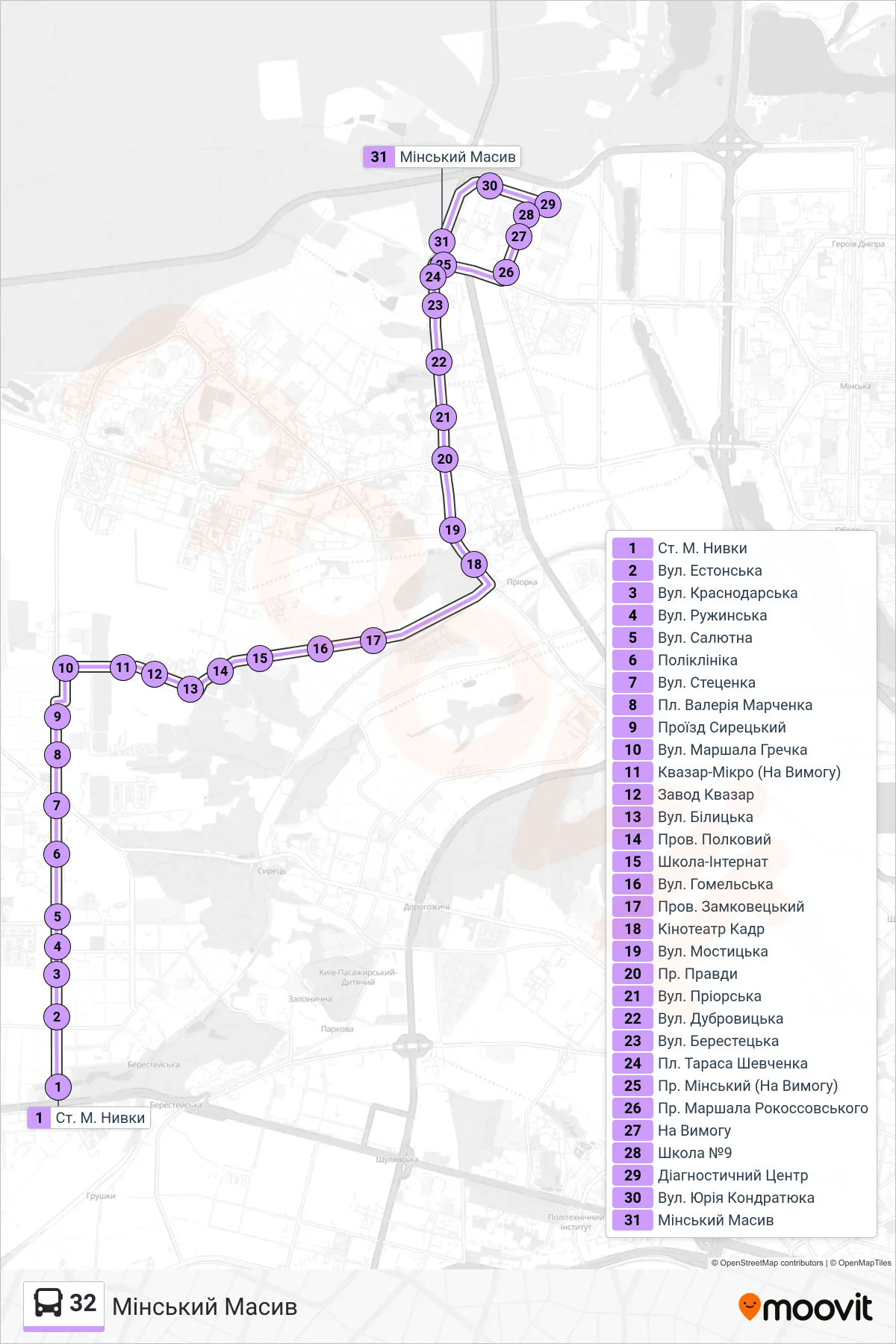 32 bus Line (Minskyi District) route and stops on a map