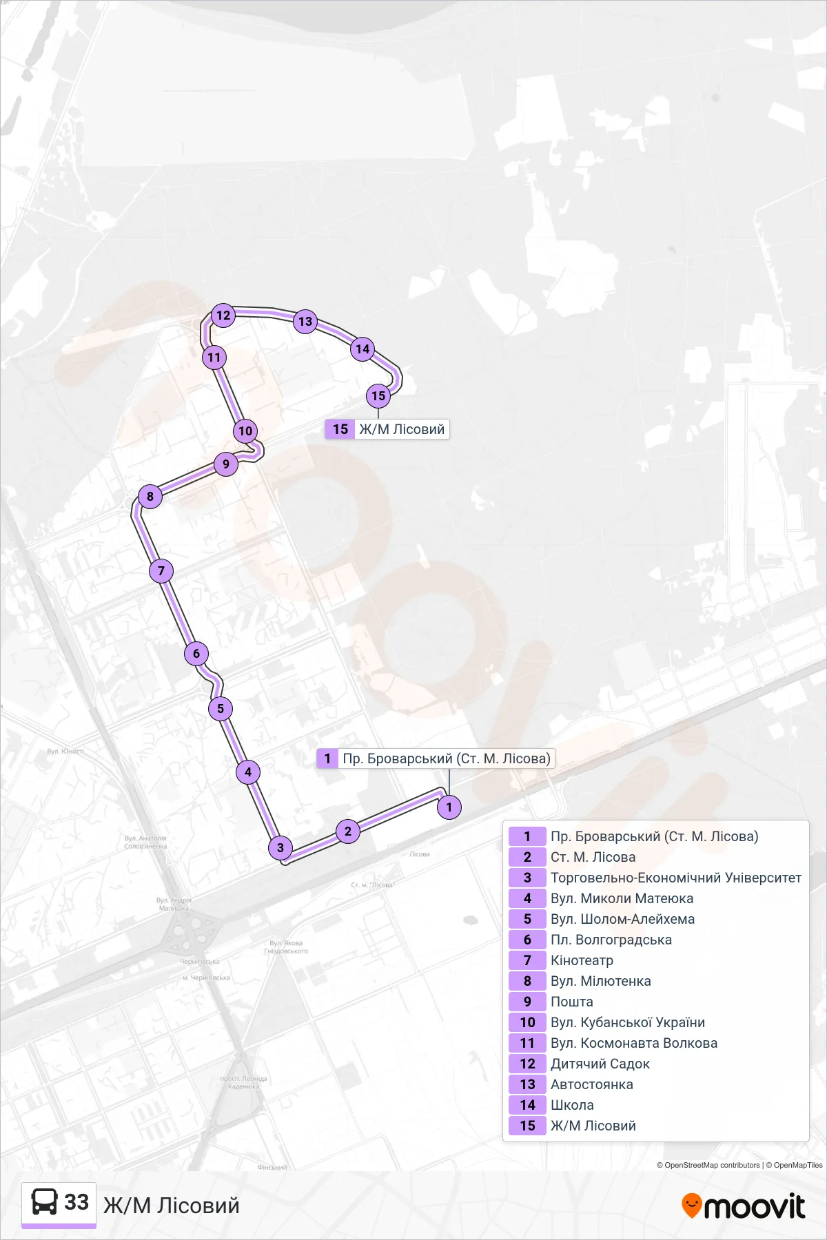 33 bus Line (Lisovyi District) route and stops on a map