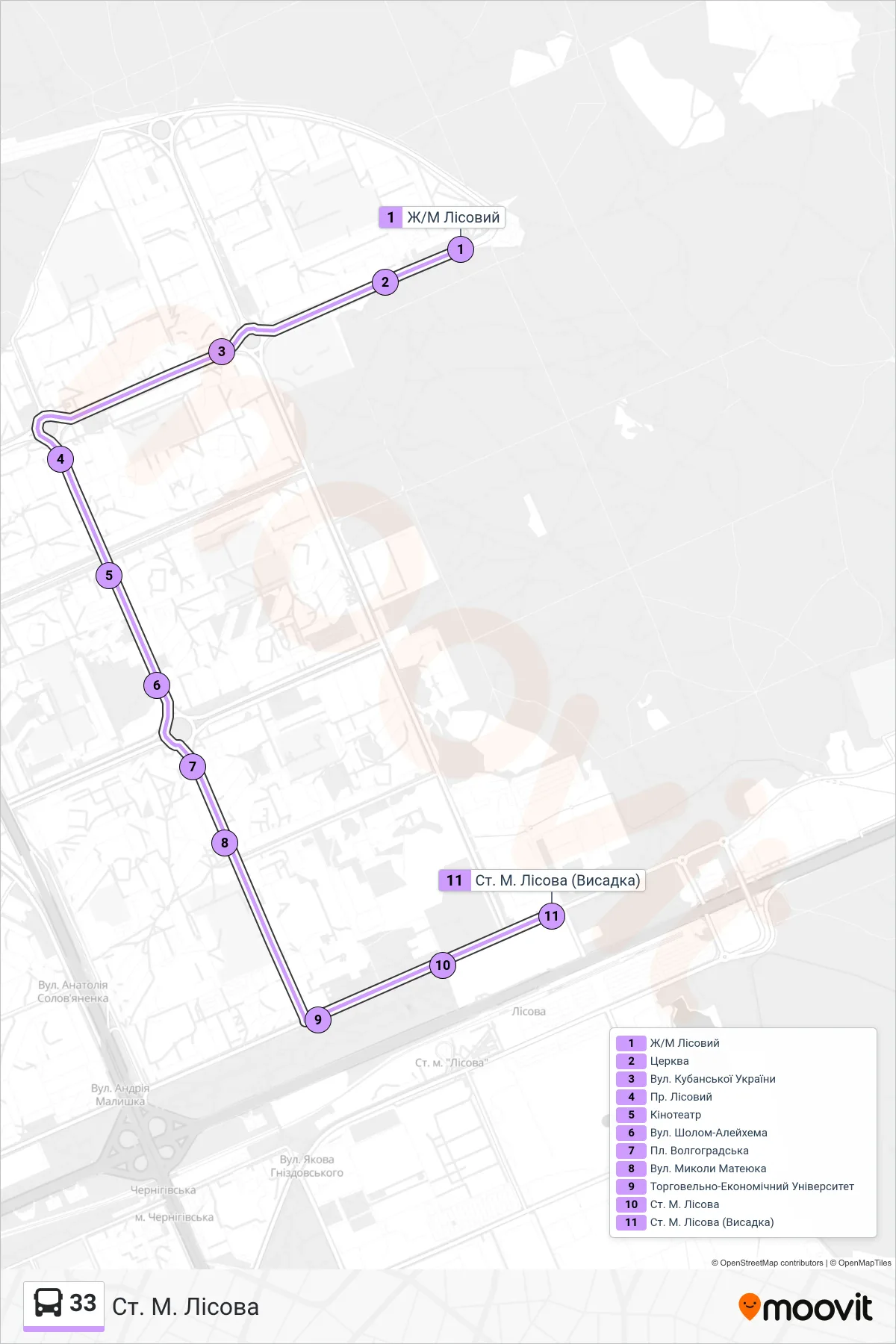 33 bus Line (Metro Lisova) route and stops on a map