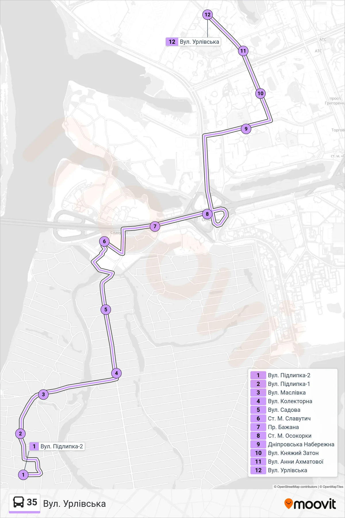 35 bus Line (Urlivska Street) route and stops on a map