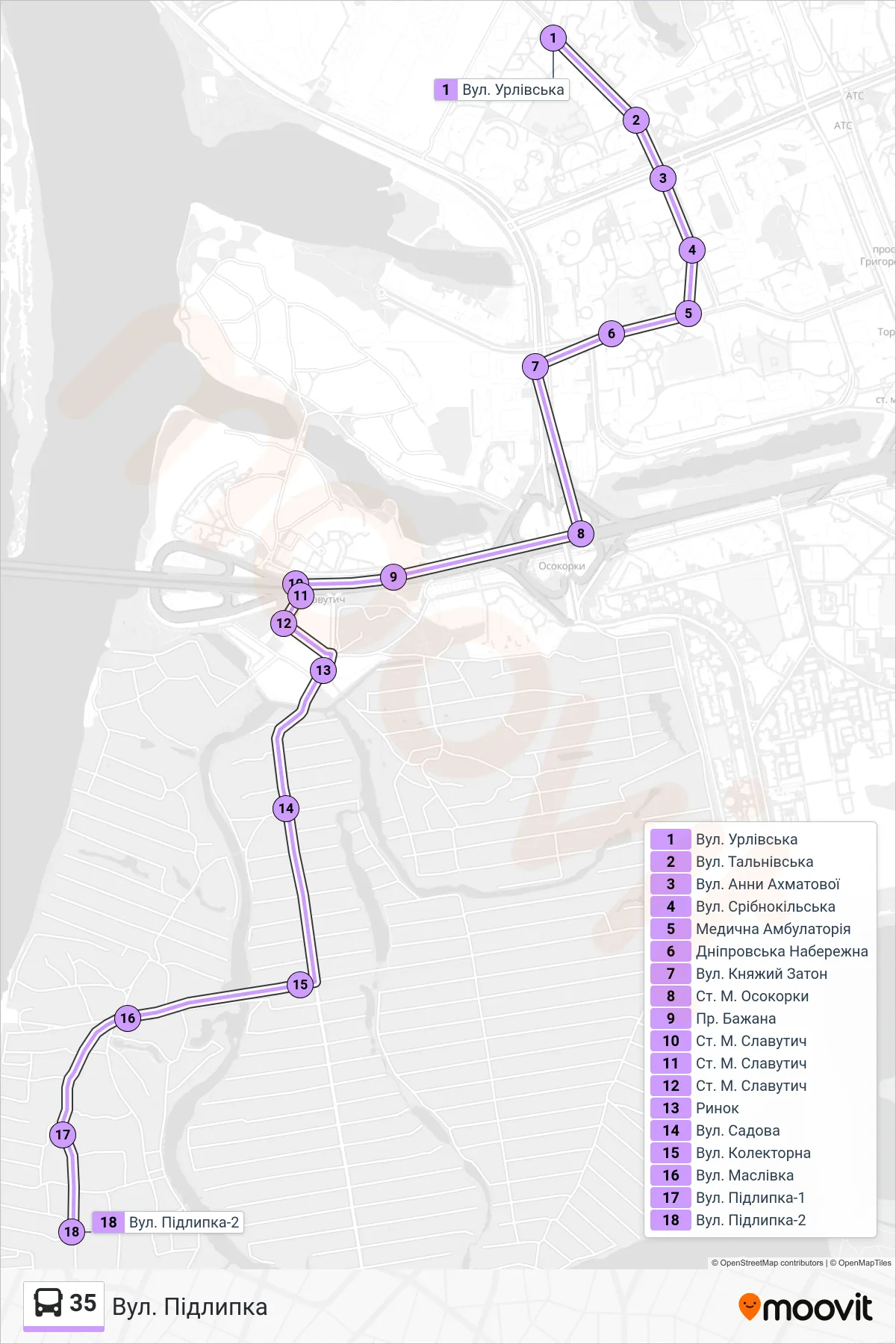 35 bus Line (Pidlypka St) route and stops on a map