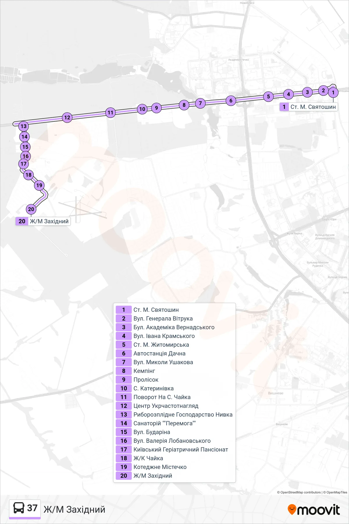 37 bus Line (Western District) route and stops on a map
