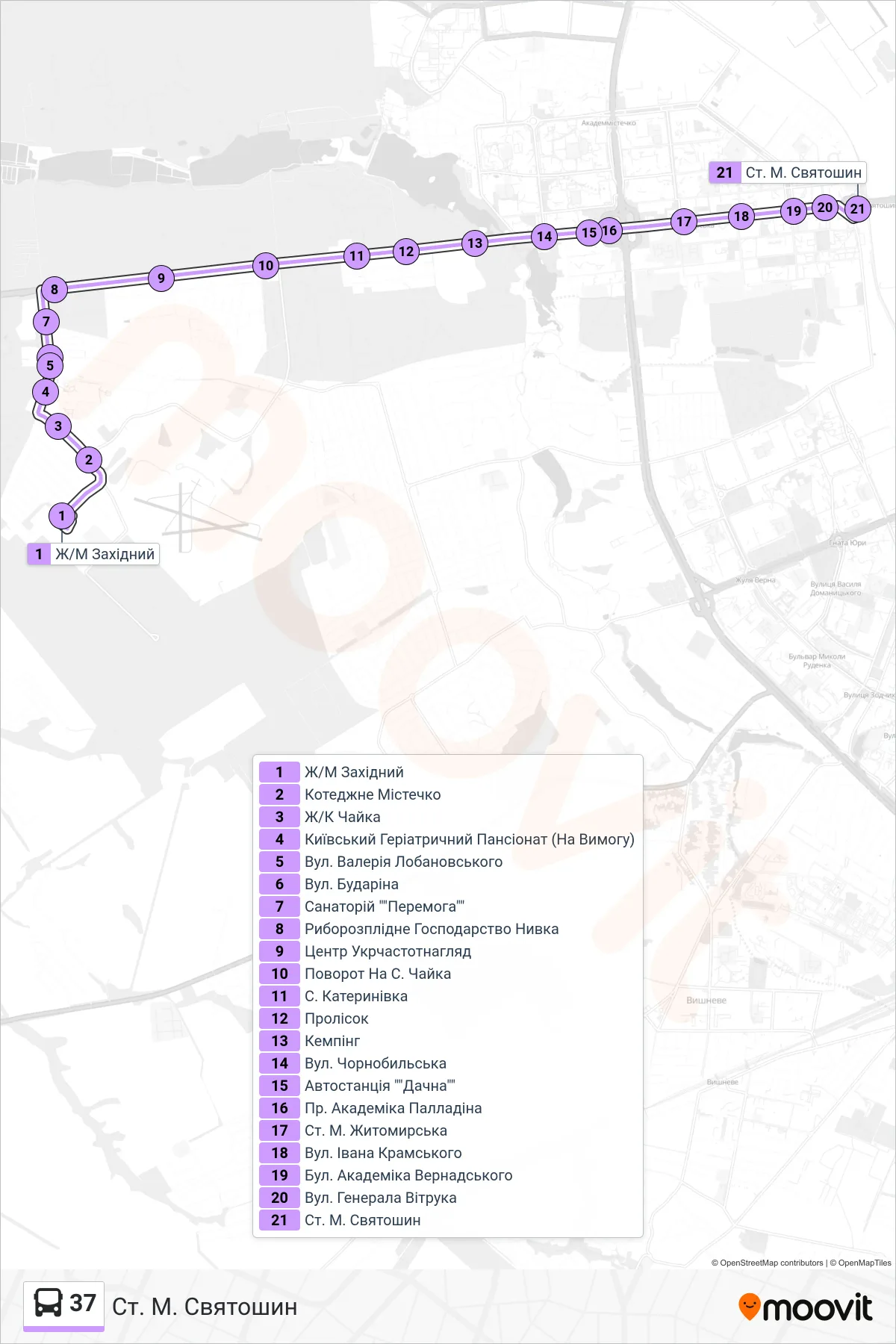 37 bus Line (Sviatoshyn Metro Station) route and stops on a map