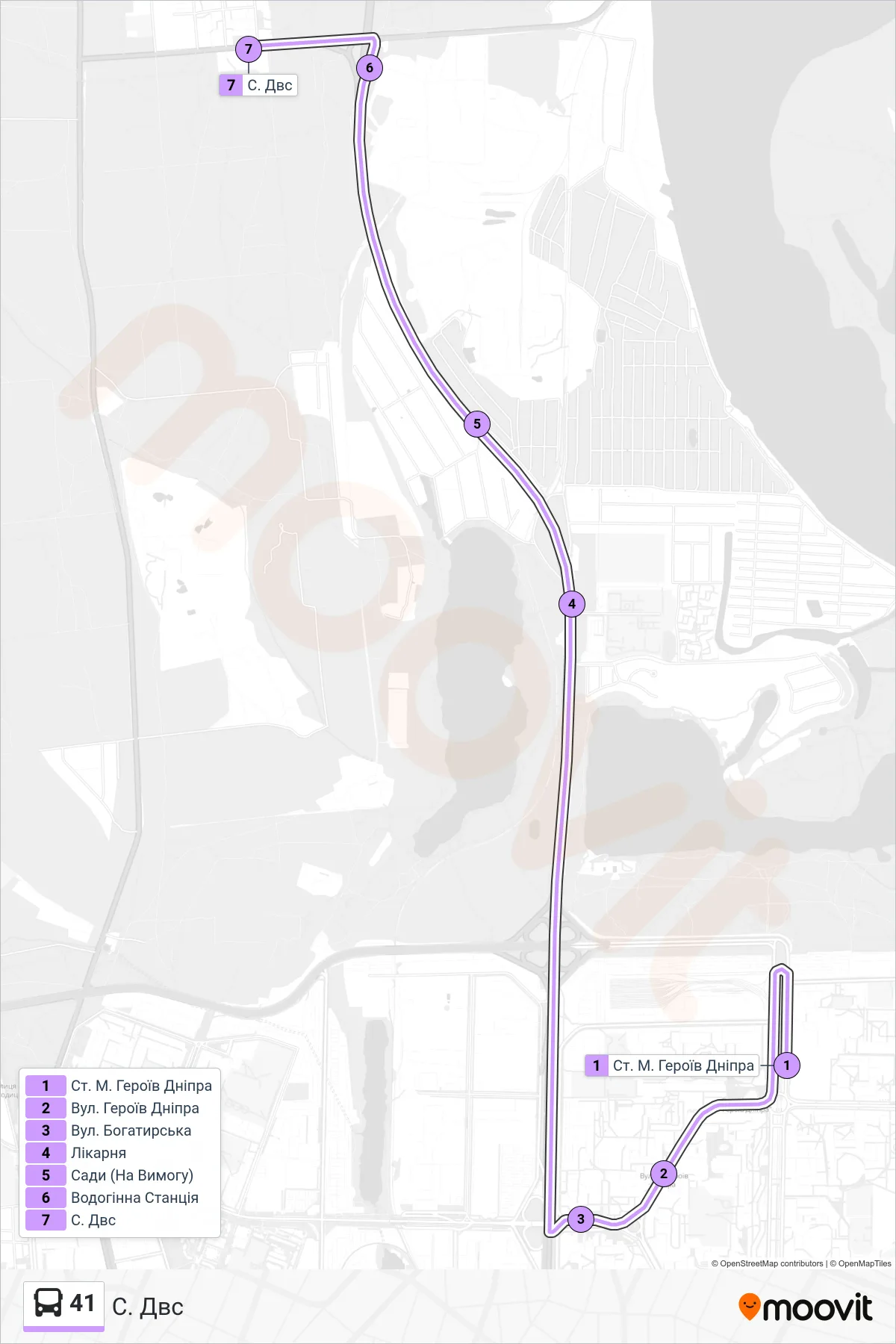 41 bus Line (DVS Village) route and stops on a map