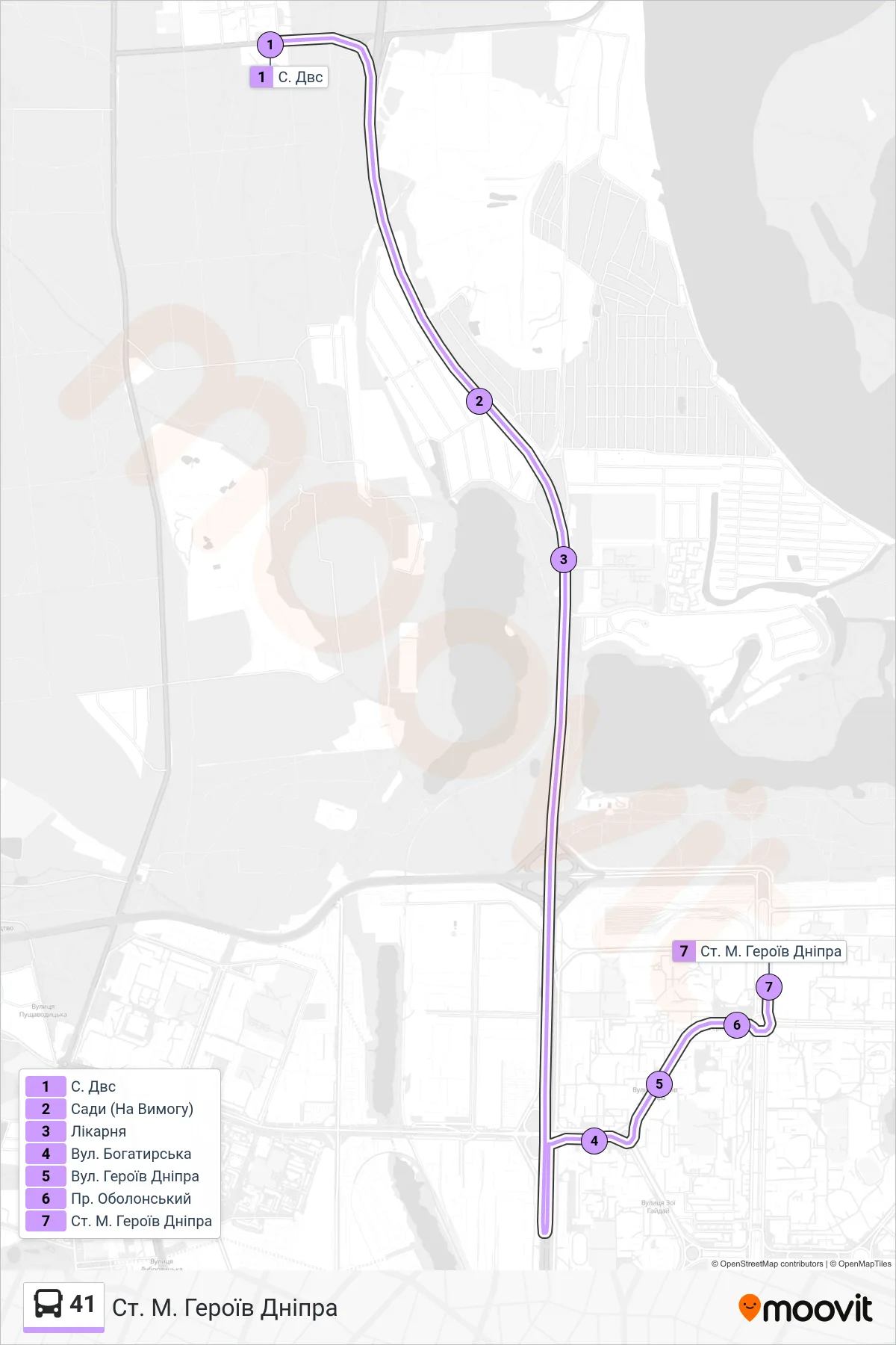 41 bus Line (Heroes of Dnieper Metro Station) route and stops on a map