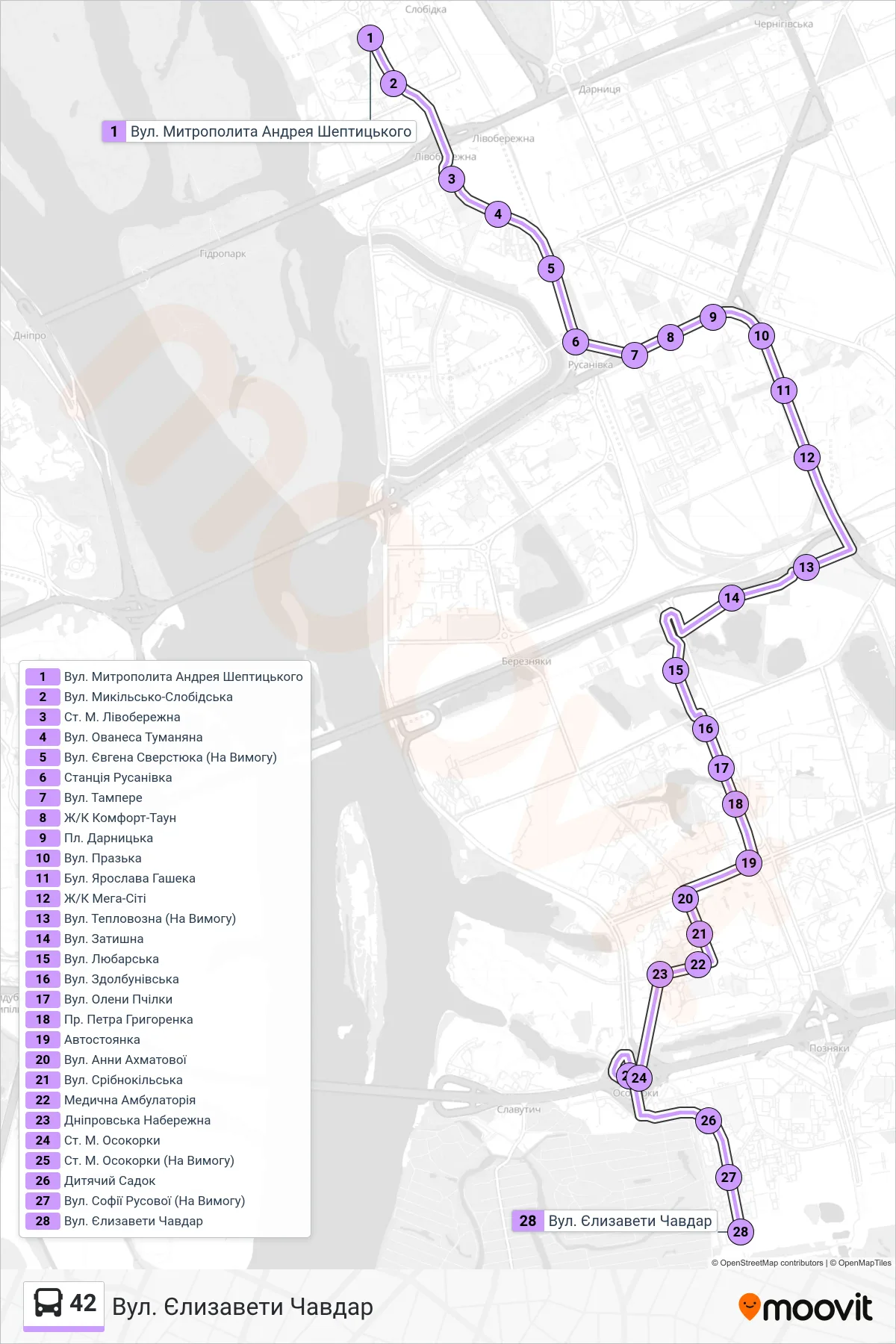 42 bus Line (Yelyzavety Chavdar St.) route and stops on a map